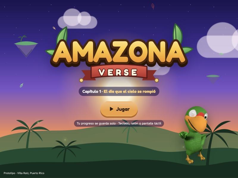 Portada del juego en el navegador: el logo de Amazona Verse, el capítulo 1 y el botón Jugar, con Vittata a la derecha.
