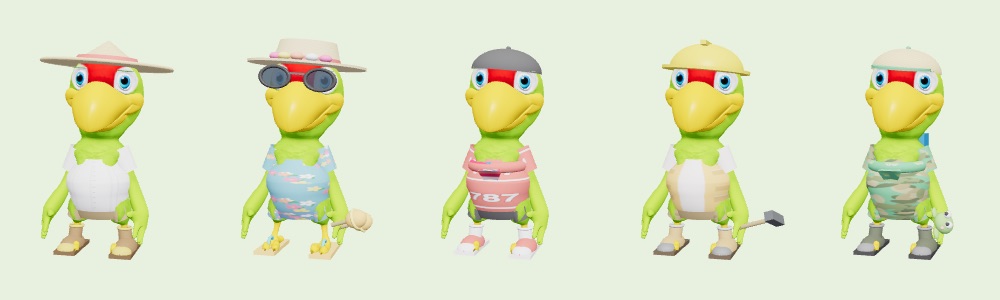 Cinco conjuntos del ropero en la cotorra 3D: pava con camisa blanca, lentes y camisa de flores con maraca, gorra con camisa 787, sombrero amarillo con martillo, y gorra con camisa de camuflaje.